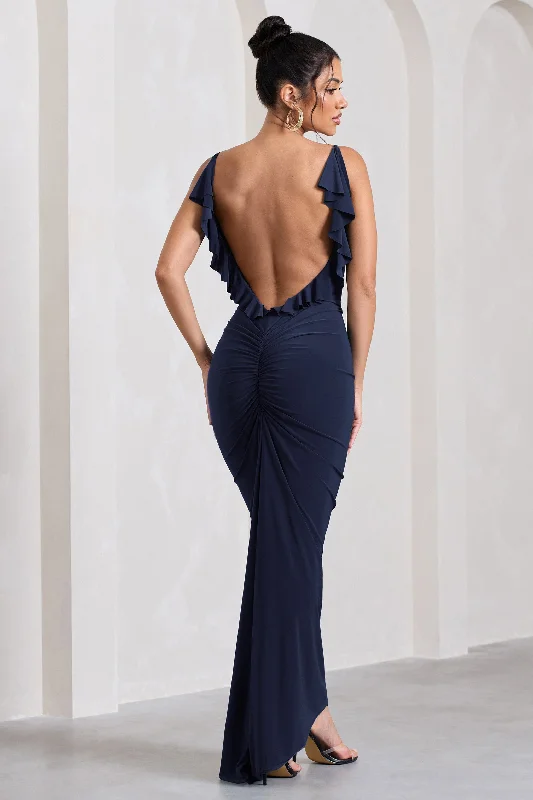 Mega Sale Flute | Navy Bodycon Maxi Dress With Ruched Ruffled Back