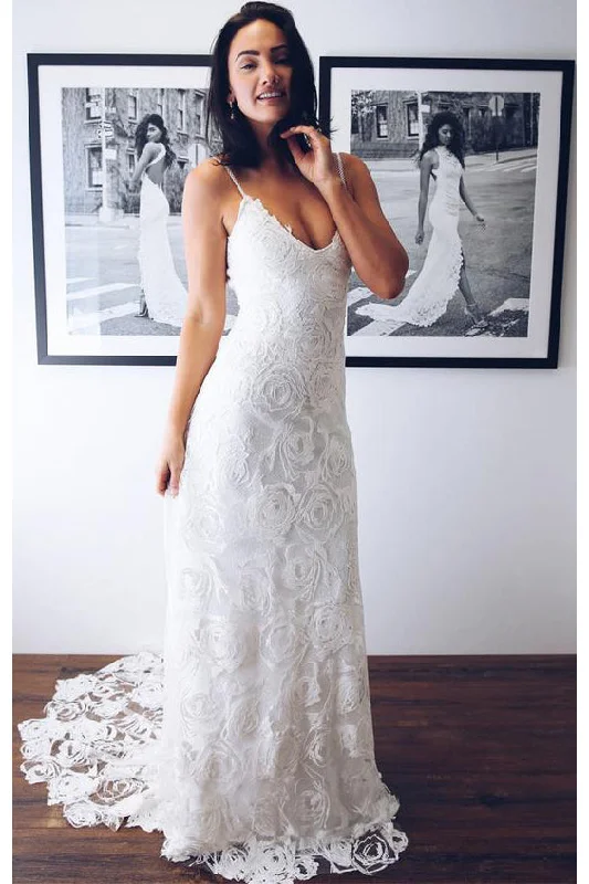 Super Sale Chic Spaghetti Straps V Neck Lace Wedding Dresses with Appliques