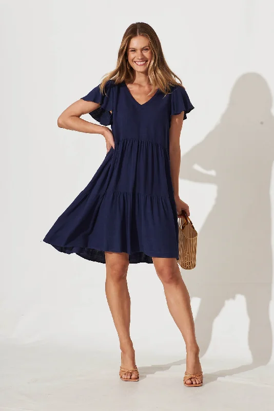 New Markdowns Tahiti Smock Dress In Navy Linen Blend