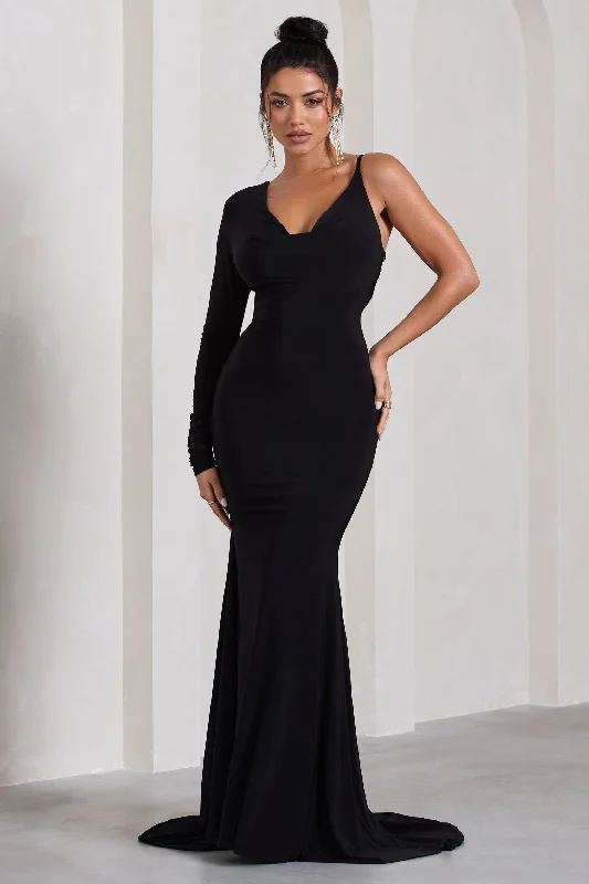 Instant Discount At Dusk | Black One-Sleeved Cowl-Neck Fishtail Maxi Dress