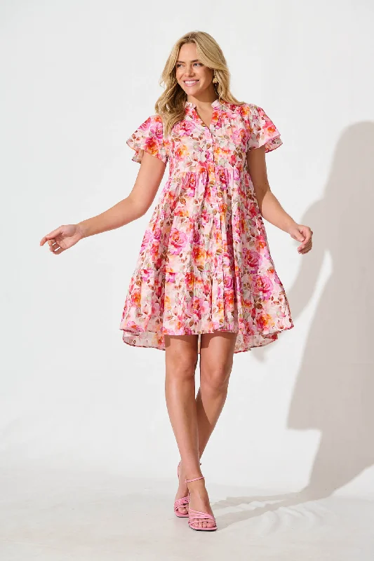 Early Bird Discount Saldana Smock Dress In Pink with Purple Floral Cotton