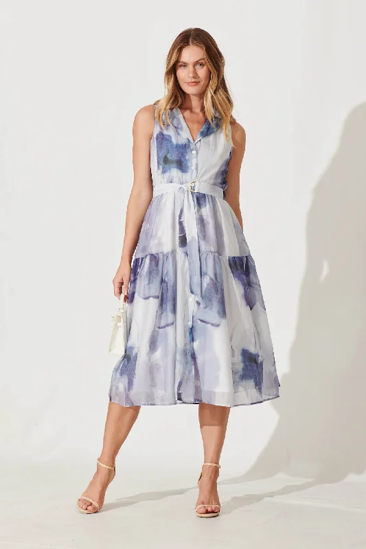 Fantastic Offers Zali Midi Shirt Dress In Blue Watercolour Cotton Blend