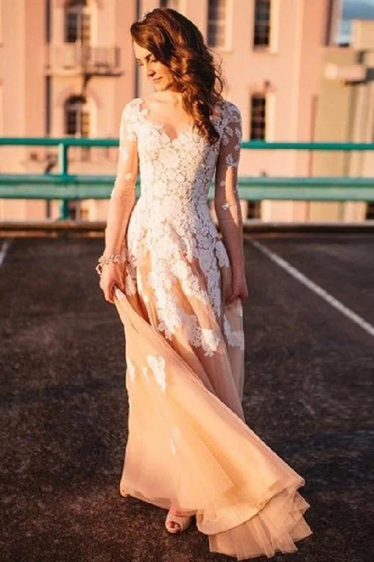 Take Advantage Romantic Long Sleeves Lace Appliques Beautiful Flowy Wedding Dresses For Women Take Advantage Romantic Long Sleeves Lace Appliques Beautiful Flowy Wedding Dresses For Women