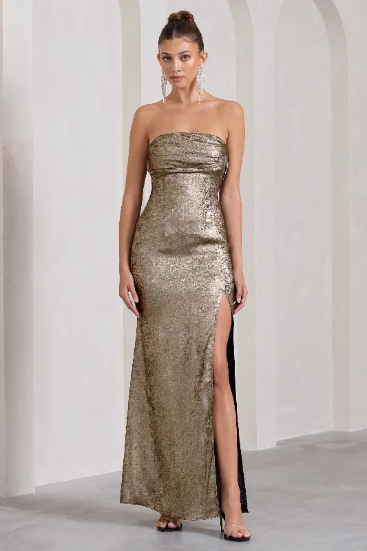 Special Savings Showstopper | Gold Metallic Strapless Open-Back Split Maxi Dress