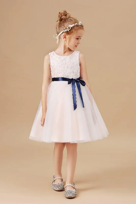 Great Bargains Sleeveless Lace Tulle Satin Flower Girl Dresses With Bowknot Satin-Sash