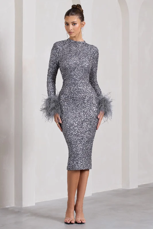 Buy Now Marilyn | Silver Sequin Long-Sleeved Midi Dress With Feather Cuffs