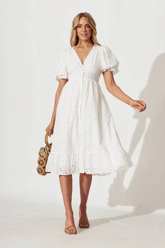 Price Break Victorian Midi Dress In White Cotton Broderie