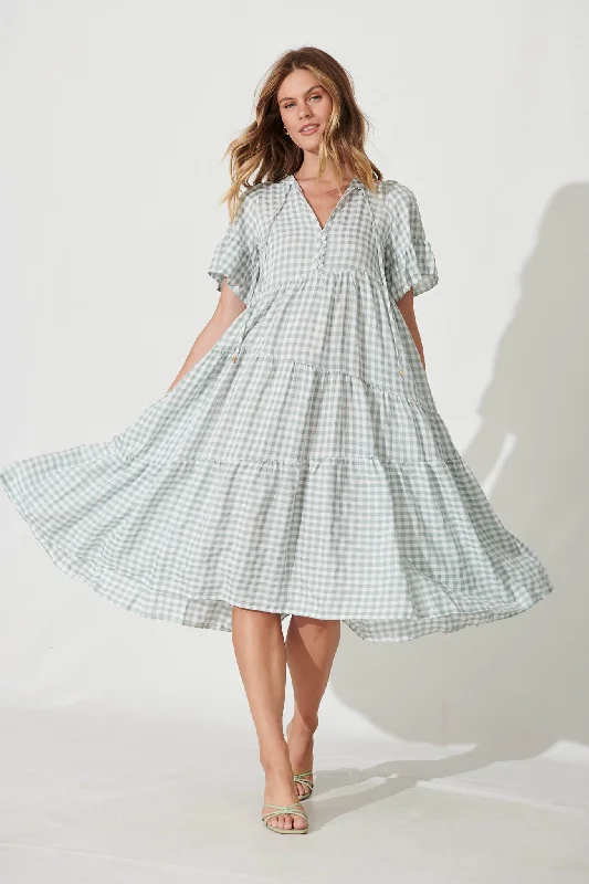 Exclusive Offers Charliese Midi Smock Dress In Green And White Gingham Cotton Blend