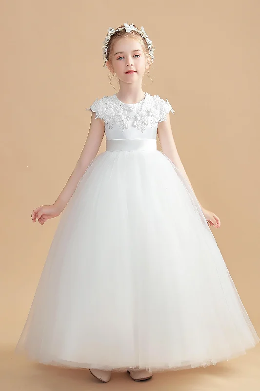 Extra Savings Round Neck Satin Short Sleeves Flower Girl Dresses With Lace Appliques