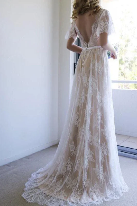 Lowest Price Romantic Open Back V Neck Short Sleeves Wedding Dresses