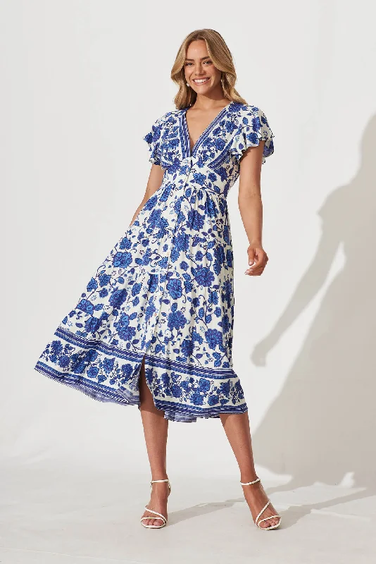 Value Deals Lively Midi Dress In Cream With Blue Floral Border Print