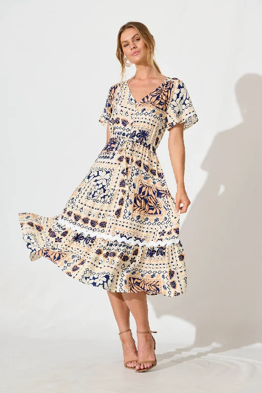 Price Slash Laconia Midi Dress in Cream and Navy Patchwork with Ric Rac Trim