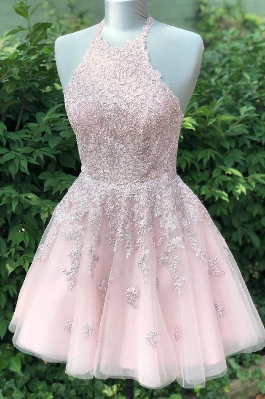 Instant Discount Beautiful Halter Backless Pink Lace Tulle A-line Short Homecoming Dresses Instant Discount Beautiful Halter Backless Pink Lace Tulle A-line Short Homecoming Dresses