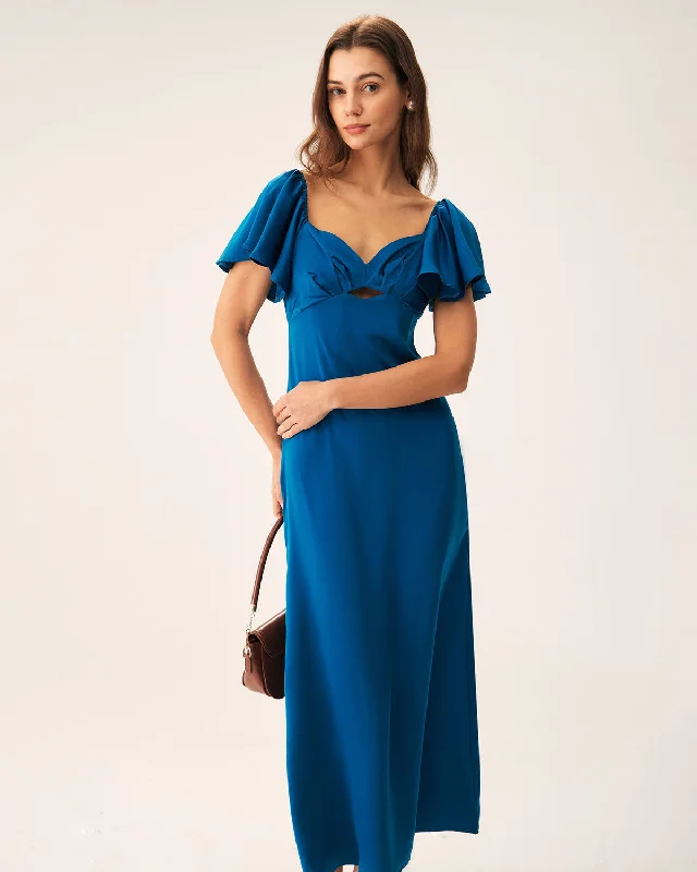 While Supplies Last Blue Satin Sweetheart Neck Maxi Dress