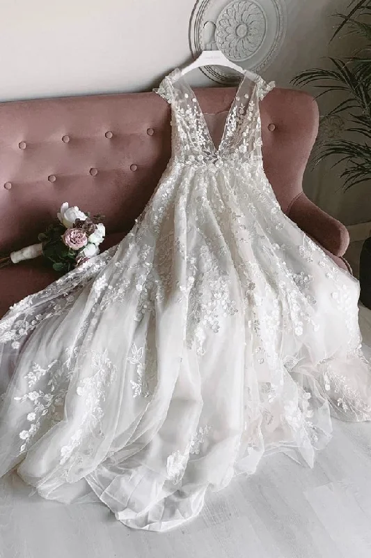 Discount Days Elegant A-line V-neck Long Backless Lace Beach Wedding Dresses