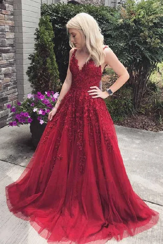Buy More, Save More Pretty Burgundy V-neck Long Tulle Prom Dresses With Appliques
