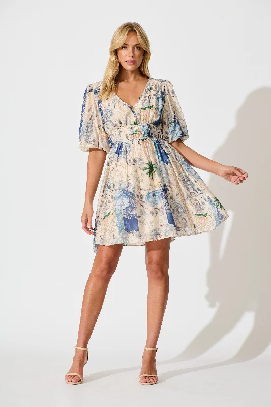 Closeout Soleil Dress in Beige with Blue Multi Floral