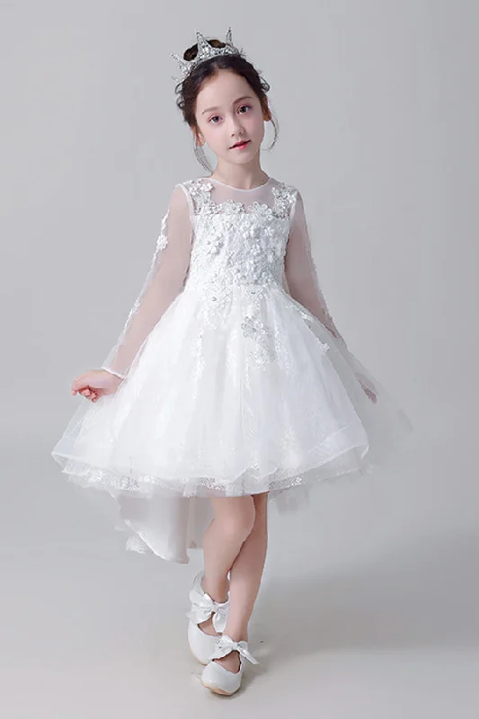 Members Only Round Neck Long sleeves Appliques With Beaded High Low Flower Girl Dresses Members Only Round Neck Long sleeves Appliques With Beaded High Low Flower Girl Dresses