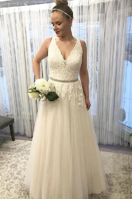 One-DAY Sale V Neck Sleeveless Lace A Line Wedding Dresses with Beading