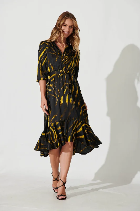 Deal Frenzy Jemimah Midi Dress In Black With Yellow Print