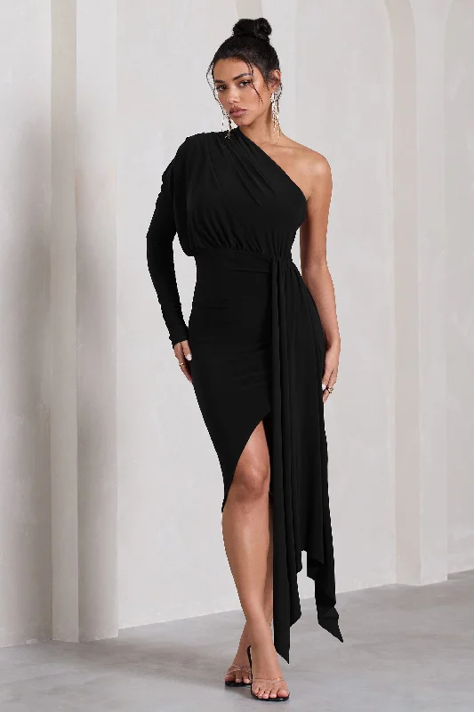 Stock Clearance Catherine | Black One Sleeve Asymmetric Midi Dress With Statement Drape