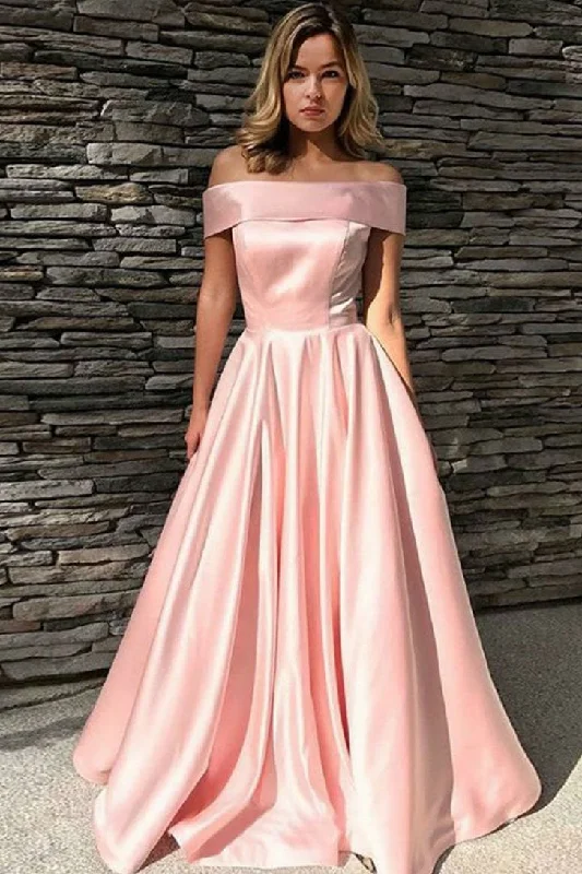 Act Fast Off The Shoulder Long Pink Modest Prom Dresses For Teens Party Dresses