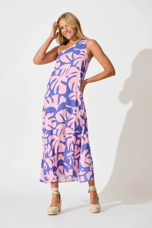 Big Savings Gloria Off Shoulder Maxi Dress in Blue and Pink Leaf