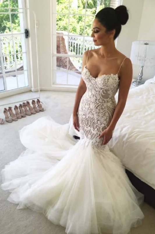 Hurry In Charming Mermaid Sweetheart Backless Spaghetti Straps Tulle Wedding Dresses