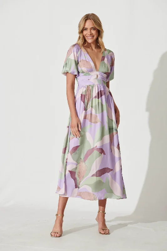 Price Rollback Mel Maxi Dress In Lilac Multi Leaf Print Satin