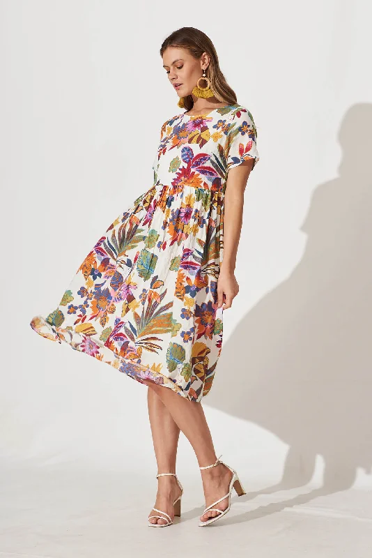 Deal of the Day Sonya Smock Midi Dress In White With Bright Multi Floral