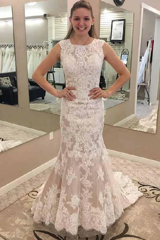 Online Only Mermaid Round Neck Sleeves Lace Appliques Sweep Train Wedding Dresses