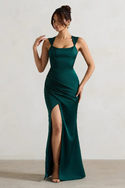 Special Savings A Romantic | Green Satin Corset Wrap Maxi Dress