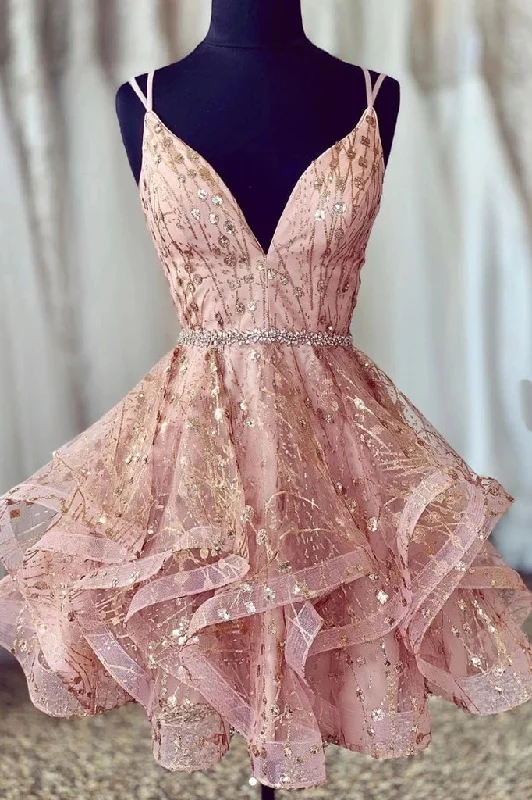 Bargain Blast Cute Sequins Pink Homecoming Dresses V-neck Beaded Short Prom Dresses