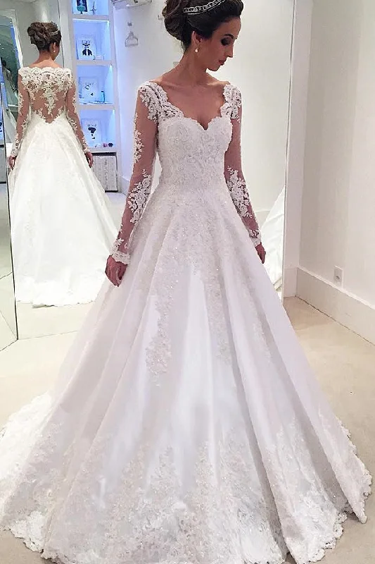 Now or Never Unique Elegant V Neck Long Sleeves Ball Gown Satin Lace Modest Plus Size Wedding Dresses With Appliques Now or Never Unique Elegant V Neck Long Sleeves Ball Gown Satin Lace Modest Plus Size Wedding Dresses With Appliques