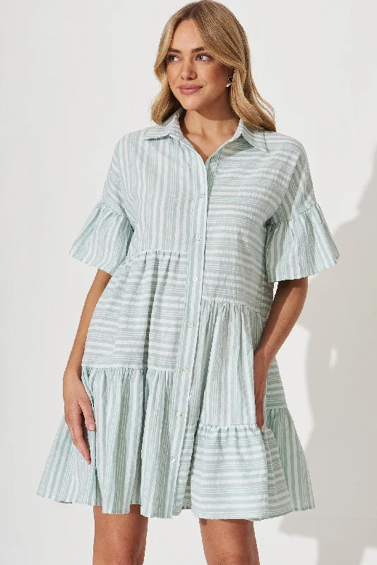 Crazy Savings Freya Shirt Dress In Green With White Stripe Cotton