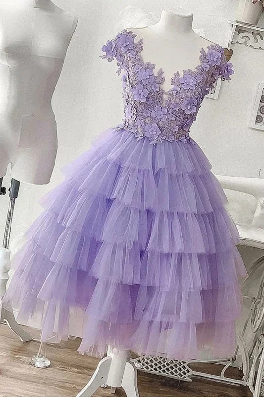 Price Smash A-line Applique Lilac Tulle Short Homecoming Dresses With Layered