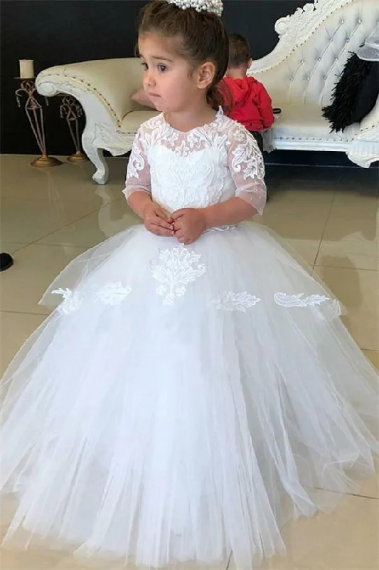 YEAR-End Clearance Round Neck Half Sleeves Tulle Lace Ball Gown Flower Girl Dresses
