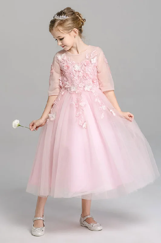 Limited Time Offer A Line Round Neck 3/4 Sleeves With Appliques Tea Length Flower Girl Dresses Limited Time Offer A Line Round Neck 3/4 Sleeves With Appliques Tea Length Flower Girl Dresses