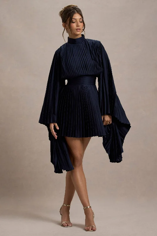 Limited Time Offer Charity | Navy Pleated High-Neck Mini Dress With Cape Sleeves