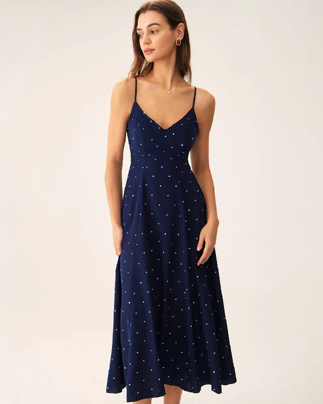 Hot Deal Navy Polka Dot Shirred Slip Midi Dress