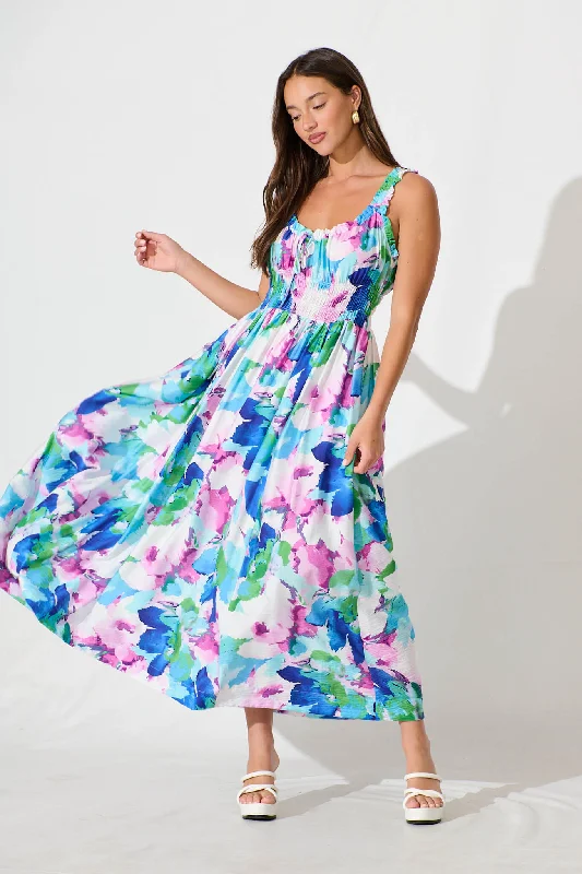 Flash Sale Valentina Maxi Sundress In White With Blue Multi Floral