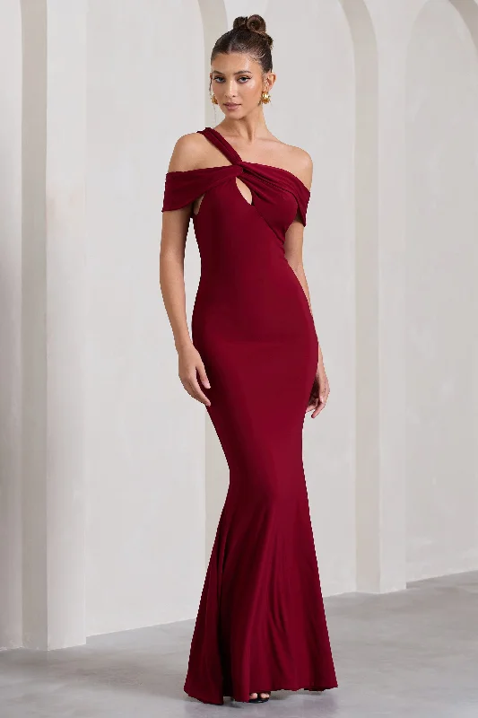 Overstock Captivating | Berry Red Strappy Asymmetric Cut-Out Maxi Dress