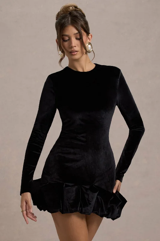 Seasonal Clearance Claudine | Black Velvet Long-Sleeved Ruffled Mini Dress