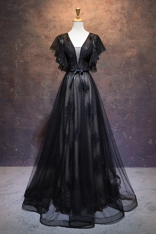 Unmissable Offer Modest Black Long A-line V-neck Black Prom Dresses Chic Party Dresses Unmissable Offer Modest Black Long A-line V-neck Black Prom Dresses Chic Party Dresses