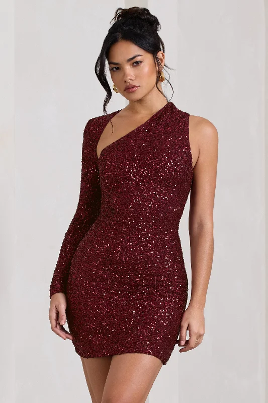 Price Buster Siren | Burgundy Sequin One Shoulder Bodycon Mini Dress