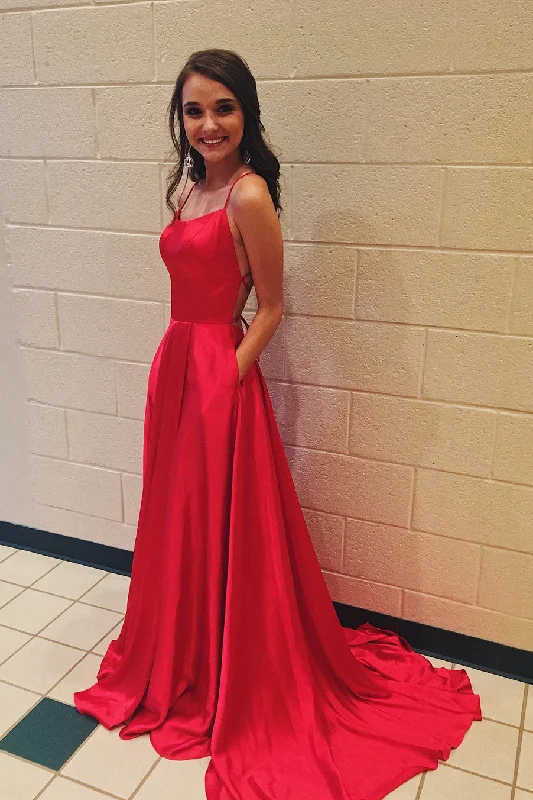 Warehouse Sale Casual Red Simple Spaghetti Straps Backless Sweep Train Backless Prom Dresses With Pockets Warehouse Sale Casual Red Simple Spaghetti Straps Backless Sweep Train Backless Prom Dresses With Pockets