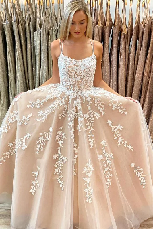 Shop and Save Chic A Line Tulle Lace Appliques Long Prom Dresses
