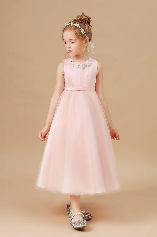 Weekend Deal Sleeveless Applique Tulle Crepe Satin Flower Girl Dresses With Bowknot