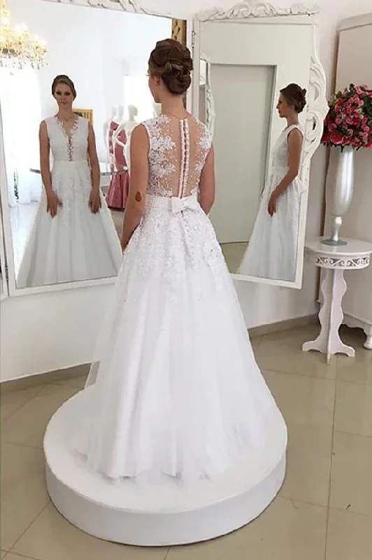 Bargain Prices Charming Sleeveless Lace Tulle Brush Train With Bowknot Wedding Dresses Bargain Prices Charming Sleeveless Lace Tulle Brush Train With Bowknot Wedding Dresses