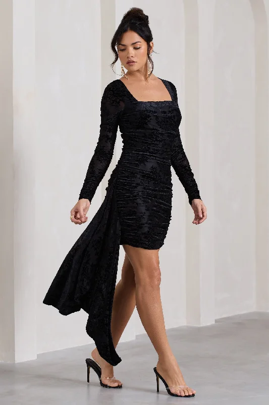 Incredible Offers Crimson Cut | Black Velvet Floral Long-Sleeved Ruffled Bodycon Mini Dress